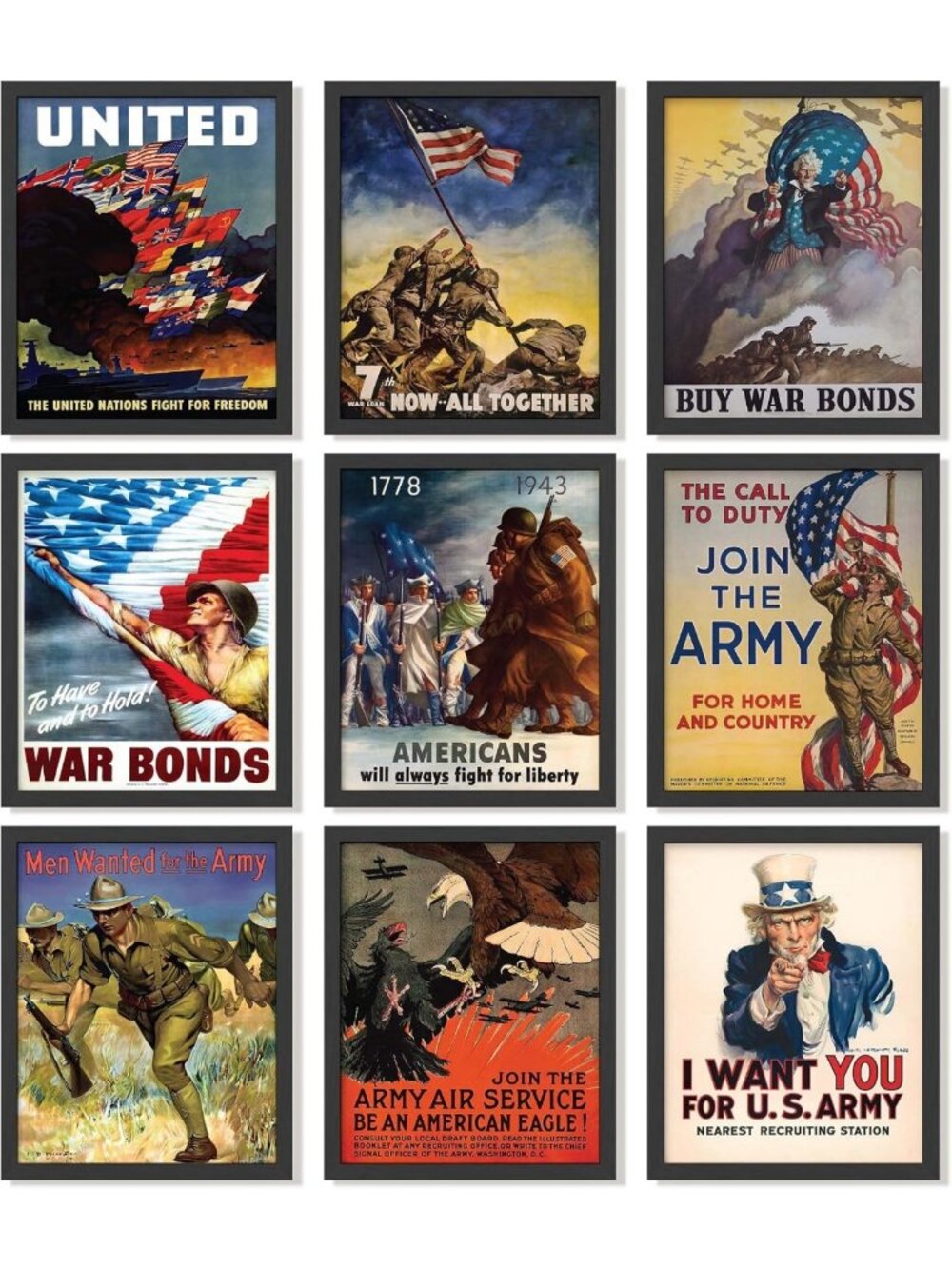 Vintage WW2 Framed Posters Set - 9 Propaganda Prints 8x10, Black Frame Decor